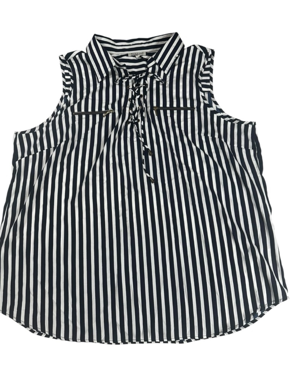 Mileage Striped Navy White Front Lace-Up Sleeveless Blouse Top 3X NWT